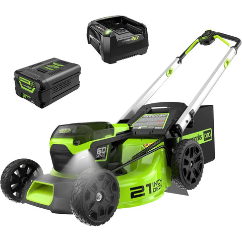 60V 21 Inch Brushless Cordless Lawn Mower Push With 5.0Ah Battery Gas Like Power For Half Acre Rapid Charger 4 In 1 Mulching Bagging Side Discharge LED Lights IPX4 showing mower, battery, and charger
