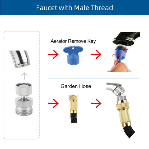 Garden Hose Adapter Kit With Faucet Aerator Key For Bathroom And Kitchen All In One Multi Thread Sink Swivel Faucet Aerator Adapter To Connect Garden Hose Chrome Finish, brass adapter and key