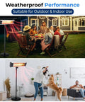 Image of Infrared Patio Heater 1500W Portable Standing Heater With Remote Control For Indoor Outdoor Use Black Perfect For Patio Backyard Deck Garage And Small Restaurants, shown in garden and living room settings.