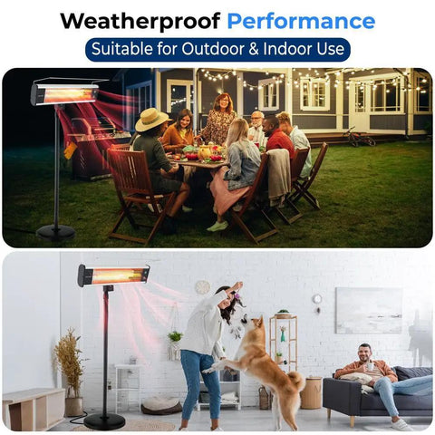 Image of Infrared Patio Heater 1500W Portable Standing Heater With Remote Control For Indoor Outdoor Use Black Perfect For Patio Backyard Deck Garage And Small Restaurants, shown in garden and living room settings.