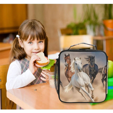 Desert Horses Insulated Lunch Box For Kids Girls And Boys with horse design, next to smiling child eating sandwich.
