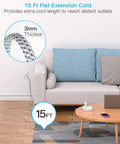 15 Foot Extension Cord With Flat Plug Surge Protector Power Strip featuring an extended cord, ideal for reaching distant outlets beside a sofa.