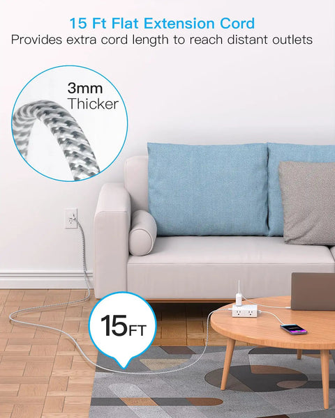 15 Foot Extension Cord With Flat Plug Surge Protector Power Strip featuring an extended cord, ideal for reaching distant outlets beside a sofa.