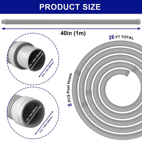 Pro Grade 1.5 Inch Pool Vacuum Hose Set, 8 Piece 40 Inch Replacement Extension Hoses For Automatic Pool Cleaners dimensions
