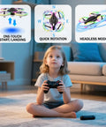 Girl using controller for Kids RC Drone With Altitude Hold Headless Mode Propeller Guards LED Lights And 3 Speed Modes Easy One Key Takeoff And Landing Dope Gift For Boys And Girls