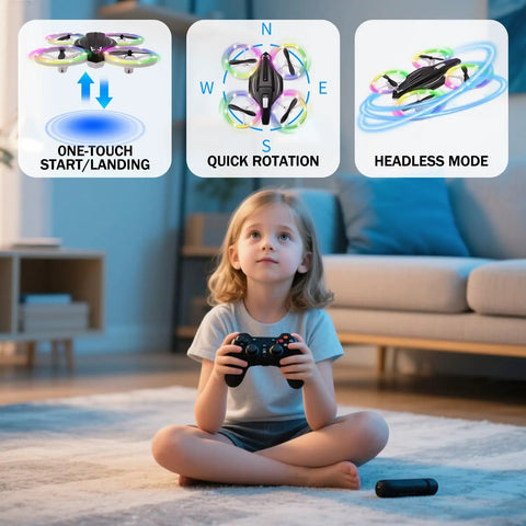 Girl using controller for Kids RC Drone With Altitude Hold Headless Mode Propeller Guards LED Lights And 3 Speed Modes Easy One Key Takeoff And Landing Dope Gift For Boys And Girls