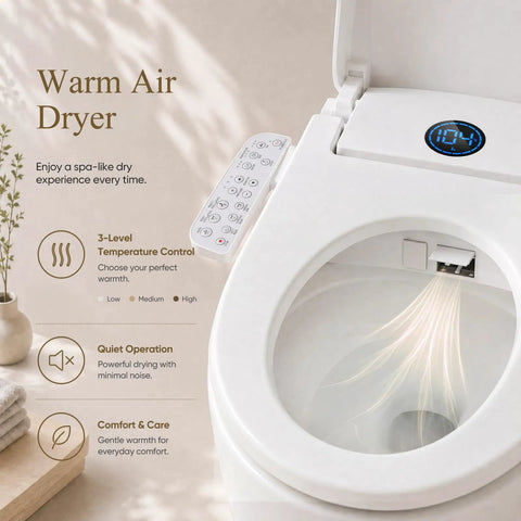 No Fuss Electric Bidet Toilet Seat For Elongated Toilets With Heated Seat And Instant Warm Air Dryer Featuring Adjustable Water Pressure And Dead Simple Side Controls, close-up of warm air dryer feature.