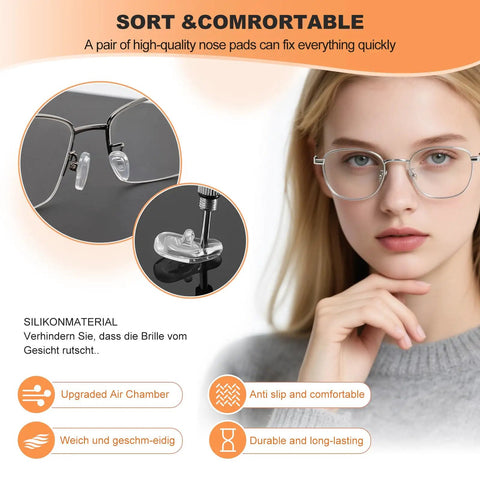 Anti Slip Silicone Nose Pads For Glasses 6 Pairs Screw In Kit with upgraded air chamber and mini screwdriver, shown installed on eyewear.