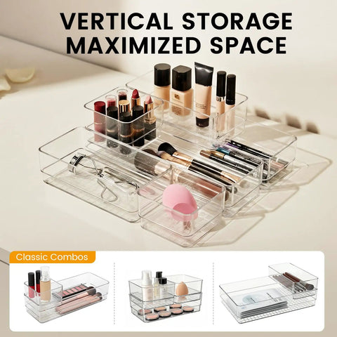 Clear Plastic Drawer Organizer Set, 6 Piece In Two Sizes For Makeup, Jewelry, Gadgets And More, Non Slip Acrylic Storage Trays