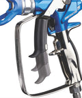 Close-up of Job Site Ready Airless Paint Spray Gun Featuring No Sweat Adjustments, trigger and handle detail.