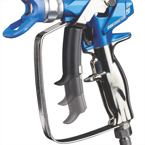 Close-up of Job Site Ready Airless Paint Spray Gun Featuring No Sweat Adjustments, trigger and handle detail.