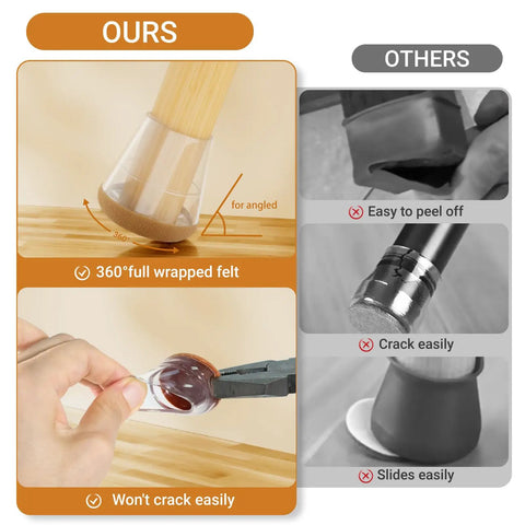 Comparison of extra small chair leg protectors, showcasing clear silicone covers with 360° wrapped felt versus competitors.