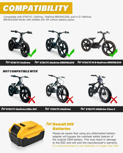 Image showing compatibility of Battery Adapter Kit For Stacyc 12 And 16 Inch Electric Balance Bikes With DeWalt 20V Batteries.