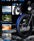 Heavy Duty 26 Inch Fat Tire Electric Bike For Adults With 750W Motor And 960Wh Battery showing tire sizes 26*3.0 and 26*4.0 for various terrains.