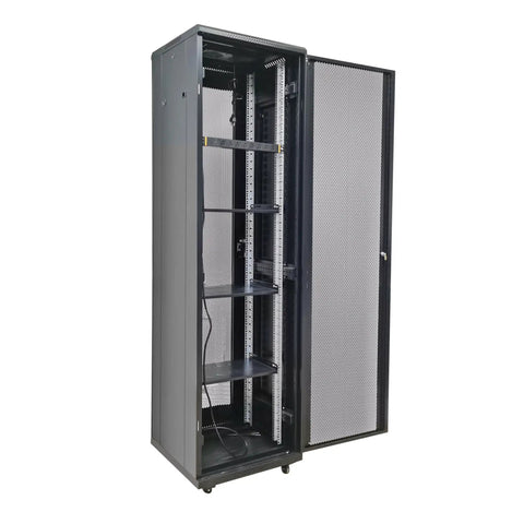 48U Server Rack Cabinet With Vented Top Cover And Two Adjustable Shelves For Networking Gear, open view showcasing shelves and vented design.