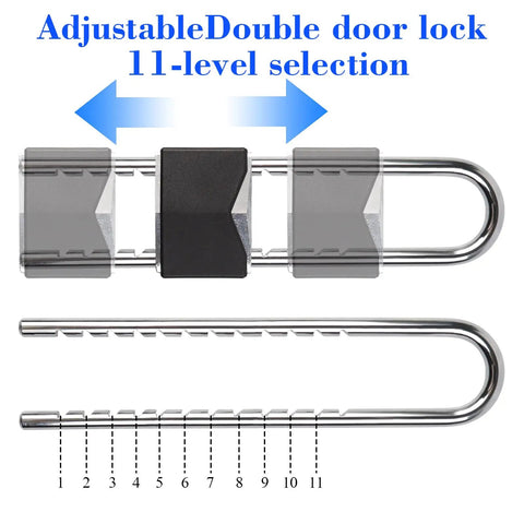 Beefy U Shaped Portable French Door Lock For Double Doors With Handles And Knobs All Metal Security Lock, adjustable details, 11 widths