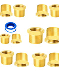 Brass Fitting Hex Bushing Kit 13 Pc Set with Male to Female NPT Adapters for home shop and HVAC reducing bushings arranged on white background