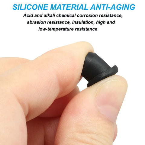 Silicone T Hole Stoppers 6.3mm 0.25in Pack Of 20 Soft Flexible Bottle Seal Plugs For Cable Glands And Holes Waterproof End Caps Black close-up