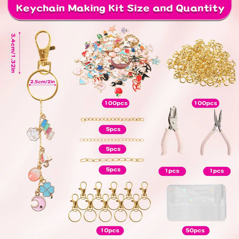 All In One Lip Gloss Keychain Making Kit With 100 Enamel Charms, Chains, Pliers, and Gift Bags displayed on pink background