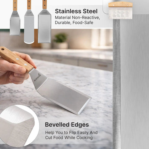 Person holding stainless steel spatula from Stainless Steel Spatula Set 3 Piece For Griddle And BBQ Teppanyaki Spatulas Pancake Flipper Hamburger Turner Griddle Scraper Flat Top Cast Iron Kitchen Utensils For Griddle Pancakes Burgers And More Pro Grade