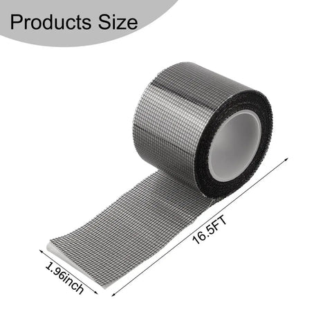 Heavy Duty Window Screen Repair Tape And Mesh Patch Kit 2 Inches By 16 Feet Long black adhesive strip on a roll with mesh design.