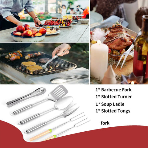 Ultimate Camping Cooking Utensils Set For Outdoors with stainless steel tools and grill scene.