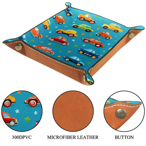 Slick Microfiber Leather Valet Tray For Nightstand And Desk with cartoon car grid print design.
