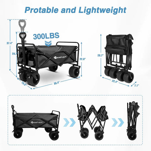 Foldable Wagon With All Terrain Wheels Hauls Big Loads 300 Lb Capacity Heavy Duty Portable Utility Trolley, dimensions shown