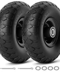 Flat Free 4.10/3.50-4 Solid Tire Wheel Kit, 10 Inch Airless Replacement With 5/8 Inch Bearings, 2 Pack Black, shown with fittings