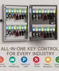 32 Key Lock Box Wall Mount Smart Key Cabinet With One Time Password OTP Offline Access Bluetooth App And Optional WiFi Remote Unlock For Valets Realtors Offices And Hotels Boss Level Security For Property Managers And Hospitality Pros, open showing labeled and colored key slots.
