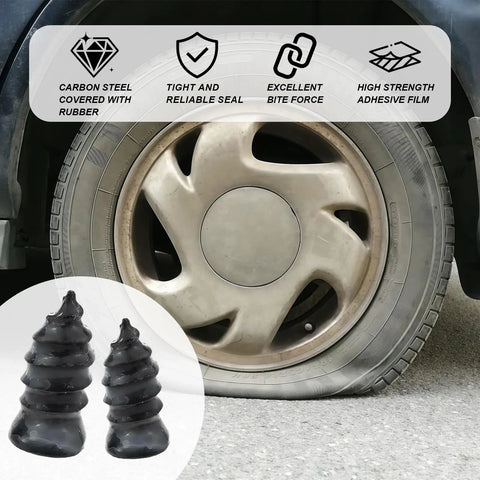 Flat tire with inset of rubber nails, part of 40 Piece Tire Repair Kit With Rubber Nails And Screw Plugs, Fast Self Service Puncture Fix Tool For Cars, Motorcycles, Trucks And Tractors, Universal Roadside Emergency Patch With Spiral Plugs.