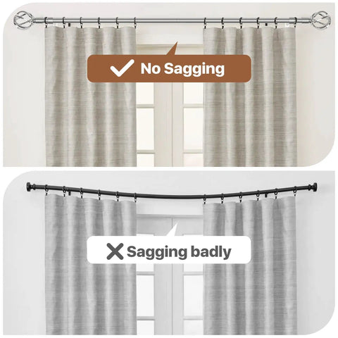 Comparison of Chrome Curtain Rod With Decorative Cage Finials showing no sagging and sagging on window curtains.