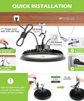 LED High Bay Light 150W Dimmable 1-10V 22,500LM 5000K UFO Fixture installation diagram showing 5ft US plug cable connection