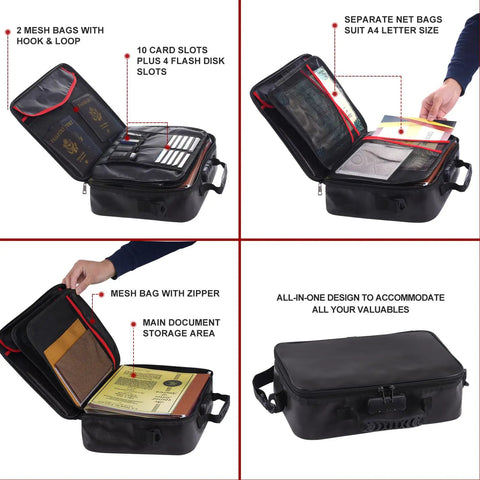 Collage of Fireproof Document Bag With Lock And Money Bag For On The Go Travel showing interior compartments and security features.