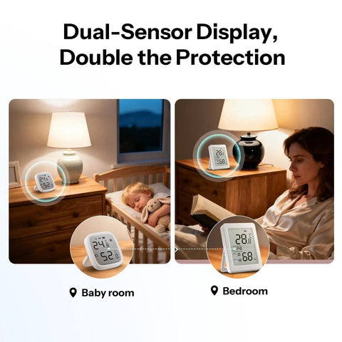 Indoor Zigbee Temperature And Humidity Sensor With 3.6 Inch LCD Display Real Time Readouts App Monitoring With Charts Alerts Data Export Remote Data View 1 Pack in baby room and bedroom