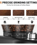 Game Changing Stainless Steel Conical Burr Coffee Grinder With Thirty Five Quick Grind Settings And One Touch Switch showing grind settings.
