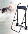 Heavy Duty Outboard Motor Stand Carrier Dolly For Boats And Inflatable Yachts with steel frame and pine board near water