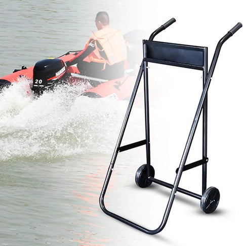 Heavy Duty Outboard Motor Stand Carrier Dolly For Boats And Inflatable Yachts with steel frame and pine board near water