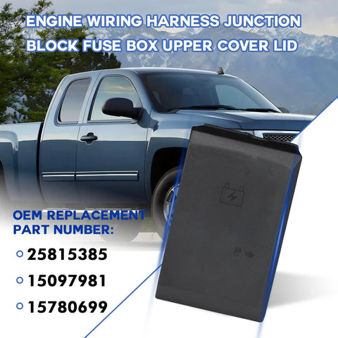 Heavy Duty Engine Wiring Harness Junction Block Fuse Box Lid Direct Bolt Up For Chevrolet Silverado GMC Sierra Cadillac 2007 To 2013 displayed with truck background.