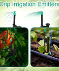 25 Pack Drip Irrigation Stakes With 180 Degree Wing Spray Emitters And One Quarter Inch Barbed Inlet Sprinkler Extension Risers For Garden Watering System, 13 Inch Adjustable Stakes, Green, installed in garden beds with tomatoes and young plants.
