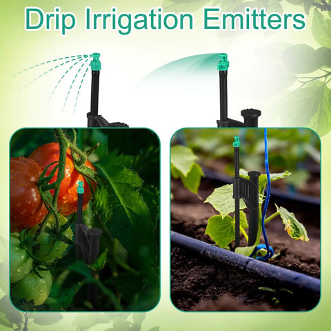 25 Pack Drip Irrigation Stakes With 180 Degree Wing Spray Emitters And One Quarter Inch Barbed Inlet Sprinkler Extension Risers For Garden Watering System, 13 Inch Adjustable Stakes, Green, installed in garden beds with tomatoes and young plants.