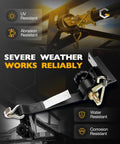 Badass Heavy Duty Ratchet Straps With J Hooks For Ladder Rack And Pickup Cargo 1.5 Inch Wide Webbing Four Pack showing UV and water resistant features.