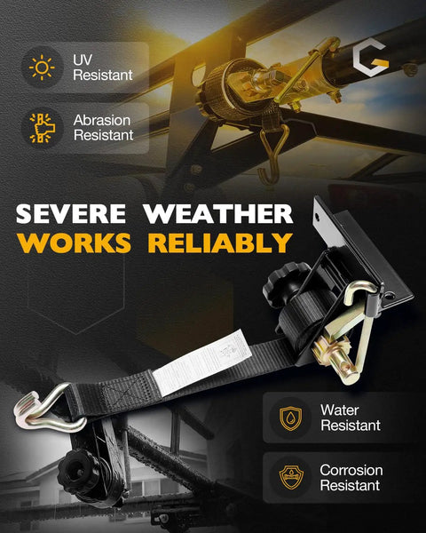 Badass Heavy Duty Ratchet Straps With J Hooks For Ladder Rack And Pickup Cargo 1.5 Inch Wide Webbing Four Pack showing UV and water resistant features.