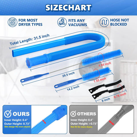 5 Piece Dryer Vent Cleaning Kit With Universal Vacuum Hose Attachment And Long Lint And Crevice Brushes size chart