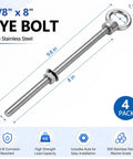 4 Pack M10 Stainless Steel Eye Bolts With Nuts Three Eighths Inch By Eight Inches Heavy Duty Marine Grade Hardware Built Tough For Lash Points Towing Lifting And Other Industrial Or Home Projects, 304 stainless