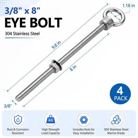 4 Pack M10 Stainless Steel Eye Bolts With Nuts Three Eighths Inch By Eight Inches Heavy Duty Marine Grade Hardware Built Tough For Lash Points Towing Lifting And Other Industrial Or Home Projects, 304 stainless