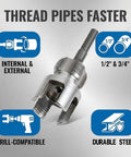 Heavy Duty 2 Pc Pvc Pipe Threader Kit For Internal And External Threading, 1/2 & 3/4 inch, durable steel, drill-compatible.