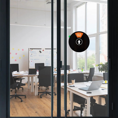 Six Color Coded 6 Inch Black Round Door Sign For Your Work Space Privacy With Do Not Disturb displayed on office door