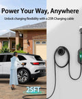 Supercharge Your Ride With This 40 Amp Level 2 EV Charger Featuring Portable J1772 Design And Nema 14-50p Plug For Hella Fast At Home Charging Delivering 9.6 Kw With Rock Solid Etl Safety Ratings And Cold Weather Flexible Cord, 25ft charging cable in use by a woman near a parked EV.