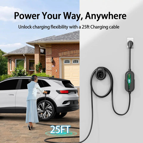 Supercharge Your Ride With This 40 Amp Level 2 EV Charger Featuring Portable J1772 Design And Nema 14-50p Plug For Hella Fast At Home Charging Delivering 9.6 Kw With Rock Solid Etl Safety Ratings And Cold Weather Flexible Cord, 25ft charging cable in use by a woman near a parked EV.